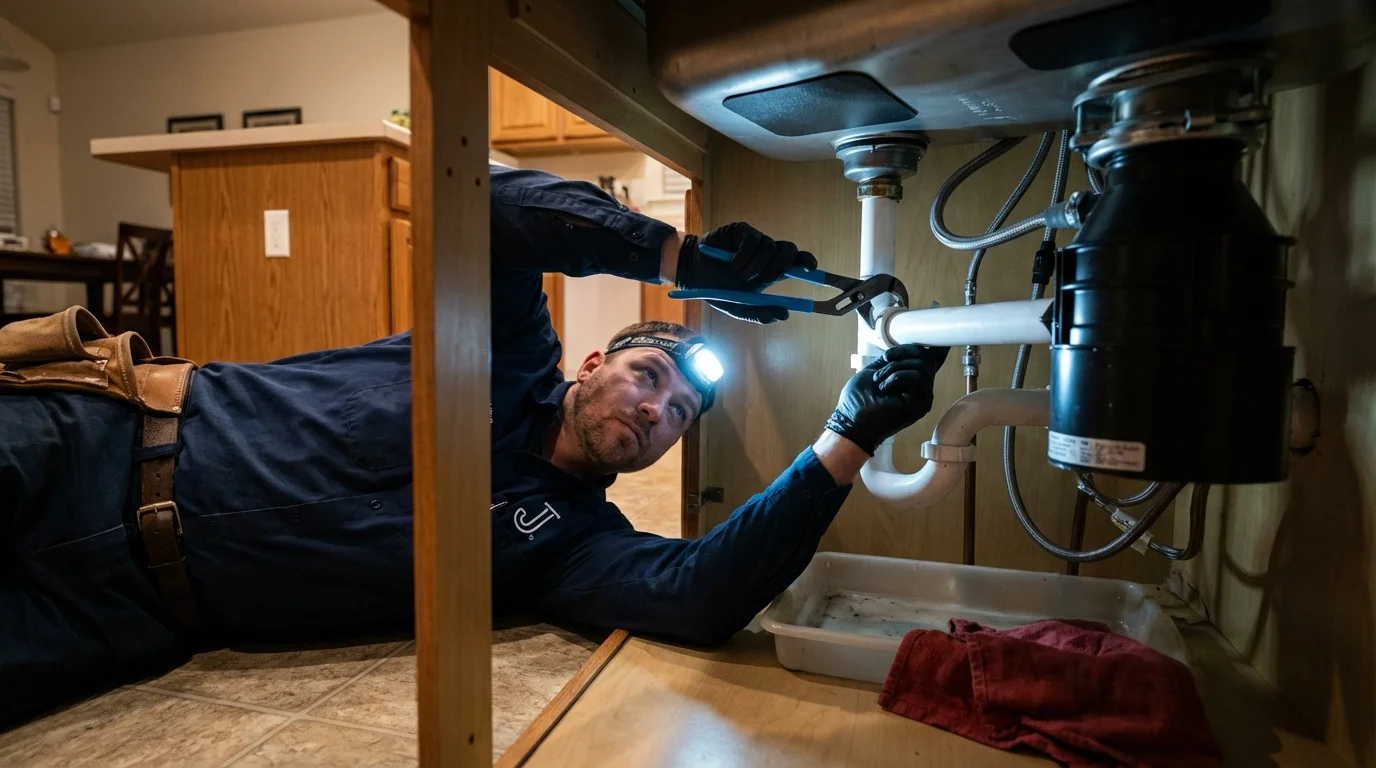 P-trap and supply line connections under a kitchen sink showing a common leak point in Eureka, KS